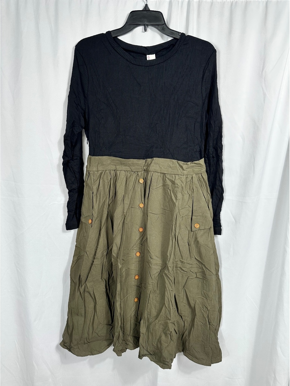PatPat Women's Black Long Sleeve Top with Olive Green Button-Front Skirt Dress L